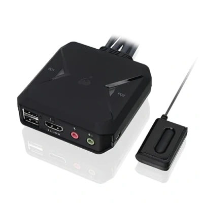 Imagen de IOGEAR KVM Switch 2 PC 1 Monitor HDMI 4K@60Hz con cable y control remoto Plug n Play Hub USB compartición de periféricos conexiones audio, compatible Windows Mac Linux