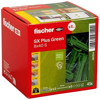 Imagen de fischer tacos pared Ecológicos para hormigón SX Plus GREEN 8 x 40 de materiales renovables fijar lámparas, cuadros, aires acondicionados, caja 45 unidades, Incluye tornillos
