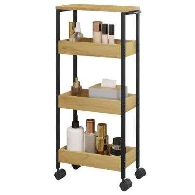Imagen de EUGAD Estanteria de Baño 4 Niveles, Carrito con Ruedas para Baño, Carro Almacenamiento Estrecho 2 Frenos, Armazón Metálico, 40x15x82 cm, Ngero+Roble Calro
