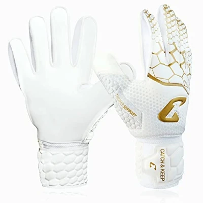 Imagen de CATCH &amp; KEEP Kralle Junior Pro 3.0 Guantes Portero Niño Profesionales Falcon Grip Resistentes Futbol (4, Oro/Blanco)