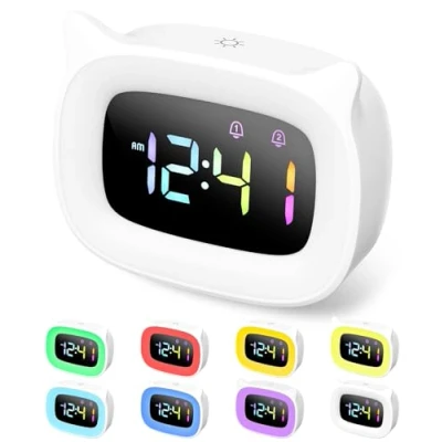 Imagen de Blanco LED Despertador Infantil, Reloj Digital Sobremesa, Brillo Ajustable, Infantil Niña, 18 Tonos de Alarma, Alta Gama, 4 Modos Ajustables, Puerto USB