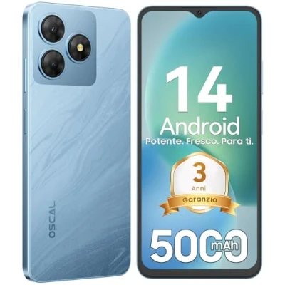 Imagen de OSCAL Flat 2C Movil 2025 Android 14 6.56&quot; Pantalla HD+ Smartphone, 5000mAh, 6GB+64GB/2TB, 13MP+8MP/4G Dual SIM/8 Core/Face ID/OTG/GPS/Funda de Móvil/3 Años Garantía Telefonos Moviles Libres Azul