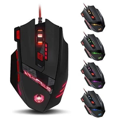 Imagen de Zelotes Ratón para juegos con cable de 9200 DPI, 8 botones, juego ajuste peso, 6 LED que cambian colores, ratones USB ergonómicos Gamer PC MAC Notebook Computadora MacBook (negro)