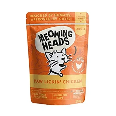 Imagen de Meowing Heads Comida Húmeda para Gatos Paw Lickin&#039; Chicken Pollo y ternera sin aromas artificiales, 93% Natural, Receta cereales (10 x 100 g)