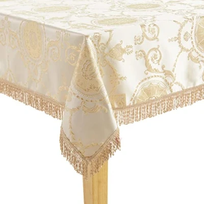 Imagen de Violet Linen Prestige Mantel Rectangular (152 x 259 cm), diseño de Damasco, Color Beige