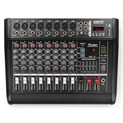 Imagen de VONYX AM8A Mezclador de 8 canales con amplificador 2 x 500 vatios, módulo 16 efectos DSP incorporados, conexión bluetooth, reproductor MP3 USB y SD, ecualizador general 5 bandas