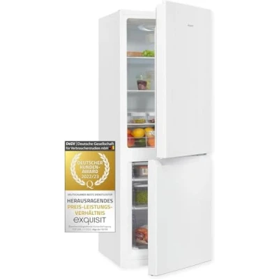 Imagen de Exquisit® Frigorífico Combi, 175L, Clase E, Color Blanco, Cajón Verdulero, Estantes de Cristal, Altura Regulable, Tiradores Integrados, Luz LED, Consumo 195 kWh/año, Medidas 143,5x49x56,5 Cm.