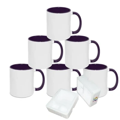 Imagen de MR.R Tazas de café en blanco sublimación 11 onzas, taza blanca con color morado interior y asa, juego 6
