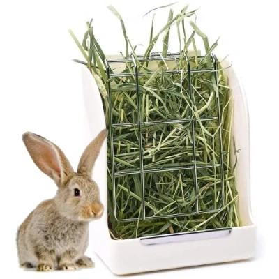 Imagen de Edipets, Comedero Conejos, Alimentador, Heno Cobaya, Roedores, Comida Pienso, Hamster, para Jaula Conejo, Accesorios, Plástico y Metal, con Pinza (Beige)