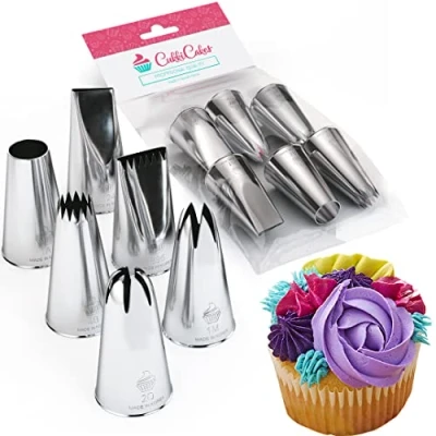 Imagen de CukkiCakes Set de 6 Boquillas Repostería Profesionales Grandes (1M, 2D, 4B, 1A, 124 y 895) para Manga Pastelera Decoración Elaboración Cupcakes, Tartas, Churros, Croquetas Made in Korea
