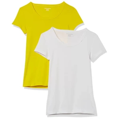 Imagen de Amazon Essentials Camiseta Entallada con Cuello Redondo y Mangas Casquillo Mujer, Pack de 2, Blanco/Amarillo Limón, S