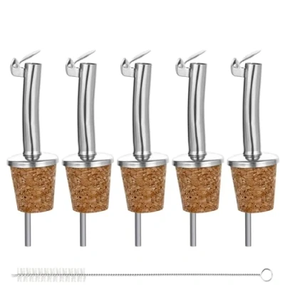 Imagen de Incutex 5x vertedores de botellas corcho y 1x cepillo limpieza, boquillas aceite in acero inoxidable con tapón antigoteo, vertedor dosificador aceite, vino, vinagre