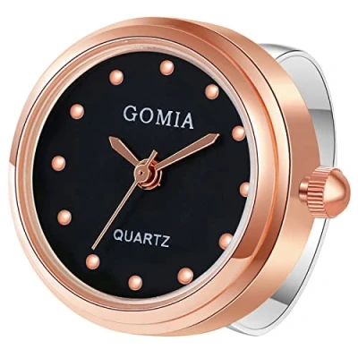 Imagen de JewelryWe Reloj de Dedo, para Mujer Caja Redonda Moda Esfera Escala Puntos Anillo Ajustable 3ATM Impermeable Concha Oro Rosa Superficie Blanca
