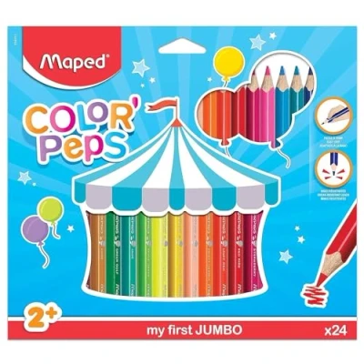 Imagen de Maped Pinturas de Madera Lápices Colores Jumbo 24 con Presentación en Caja Cartón Mina Blanda y Resistente Empuñadura Gruesa para Mejor