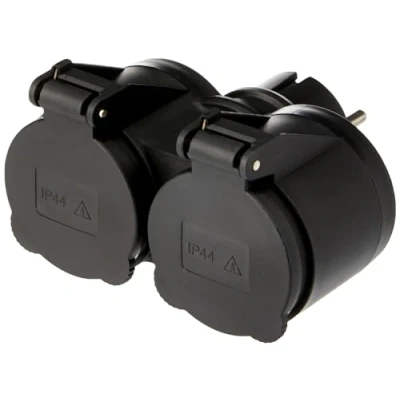 Imagen de Electraline 55074, Adaptador para exteriores Schuko, Resistente al Agua IP44, alemán, Regleta 2 enchufe con Tapón, Negro, 1xPack