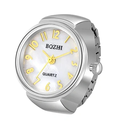 Imagen de JewelryWe Reloj de Anillo Dedo, Anillo, con Banda Elástica, Simple y Exquisita Escala Digital Shell Dial Plata