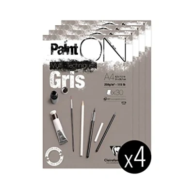 Imagen de Clairefontaine 975809C Bloque de pegamento multitécnico PaintON 30 hojas papel dibujo grano ligero Gris A4 21 x 29,7 cm 250 g Paquete 4 bloques