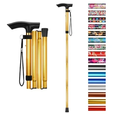 Imagen de supregear Bastón Plegable, 5 Niveles Altura Ajustable Ligero Portátil de Viaje con Pulsera y Mango en T para Hombres Mujeres Discapacidad Edad Avanzada (Oro)
