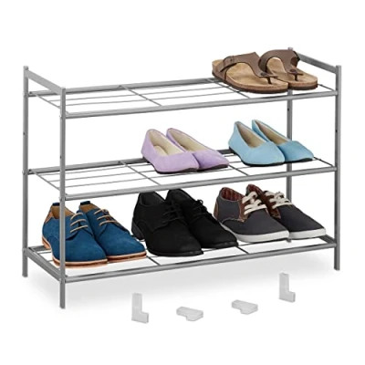 Imagen de Relaxdays Zapatero Extensible Metal, Mueble Zapato, 3 Baldas, 9 Pares, Pasillo, Entrada, 50x70x26 cm, Plateado, Acero