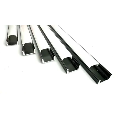 Imagen de Perfil negro de aluminio para LED tira con difusor opaco PACK soporte montaje U,barra disipador en tiras 2 mts, canal montaje,tapas finales (10, 5 x metros)