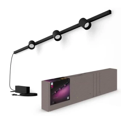 Imagen de Philips Hue Perifo Iluminación en carril Luz Blanca y de Colores Set base pared recto 150.4cm (negro) 3 focos Anclajes incluidos