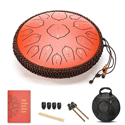 Imagen de AMKOSKR Tambor de Lengua Acero 14 Pulgadas 35cm 15Notas D Chiave,Instrumento Percusión Mano para Niño con Mazos y Bolsa Transporte(Rojo)