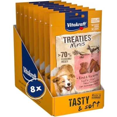 Imagen de Vitakraft Treaties Minis, golosinas para Perros, con Carne de Vacuno y Zanahoria, Alto Contenido en Carne, Ideal como Premio el adiestramiento, Formato Pack (8X 48g)