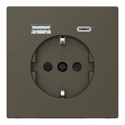 Imagen de Schneider Electric Merten MEG2367 6052 enchufe Schuko con conector USB tipo A+C, diseño de sistema Schuko, empotrado, protección contacto, Mocca metálico, adecuado para