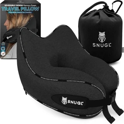 Imagen de SNUGL Almohada de Viaje para el Cuello, Espuma viscoelástica, avión, con Bolsa Transporte y Clip, Dormir en Producto básico vuelos, Color Negro