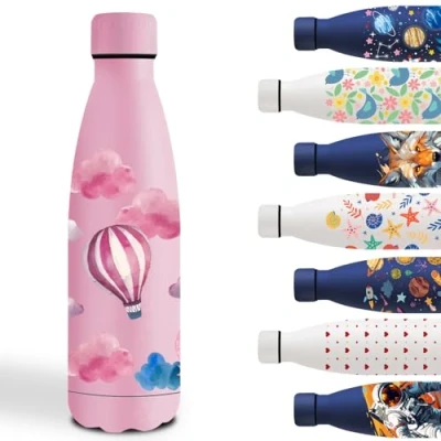 Imagen de Botella Agua Acero Inoxidable 500ml, Cantimplora Inoxidable, Fácil de Transportar, Personalizada con Globo, Infantil para la Escuela, Oficina, Viajar, Deportes, Rosa