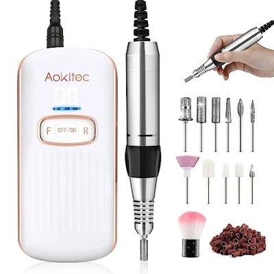 Imagen de Aokitec Taladro eléctrico de uñas portátil, kit limas para gel acrílico, herramientas manicura pedicura con 35000 rpm, bajo calor y nivel ruido