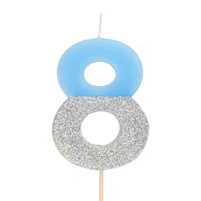 Imagen de Velas de cumpleaños con números 0, 1, 2, 3, 4, 5, 6, 7, 8, 9, 10, 18, 25, 30,40, 50 color azul y glitter plata (Número 8)