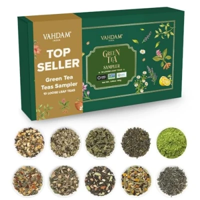 Imagen de VAHDAM, Surtido de Té Verde para Regalo (10 Tés, 50 Raciones) 10 Tés Exóticos Hoja Suelta Pack Variado con Regalos Mujeres y Hombres