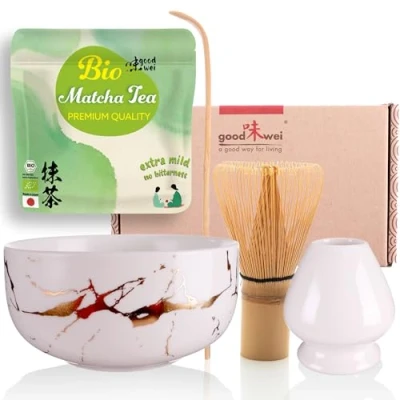 Imagen de Goodwei matcha orgánico de Japón en juego completo con moderno cuenco elegante diseño mármol, escoba y soporte para escobas Set regalo ceremonia del té