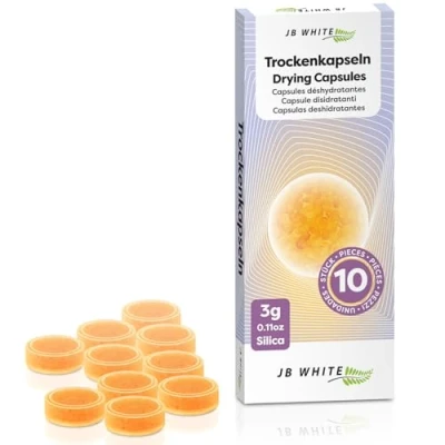 Imagen de JB White 10 Cápsulas desecantes para Audífonos Compatibles con la Bandeja de Carga y el Vaso Secado Phonak Universal Indicador Color Accesorios (3g, selladas individualmente)
