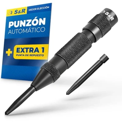 Imagen de S&amp;R Punzón automático 50 100 N 130 mm + 1 punta de repuesto Acero al Cromo Vanadio HRC 55 58 moldeado, resistente y duradero