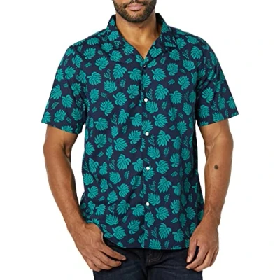 Imagen de Amazon Essentials Camisa Hawaiana de Corte Ajustado Hombre, Azul Marino Verde Azulado Estampado Hojas Palmera, XS
