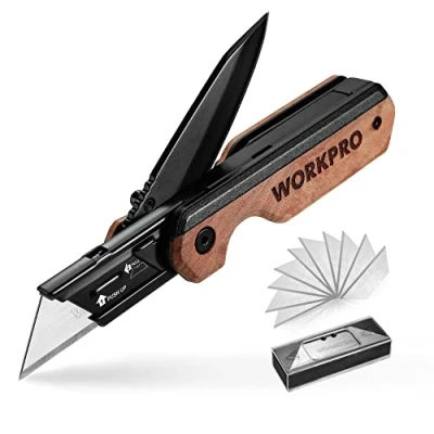 Imagen de WORKPRO Cuchillo Plegable y Navaja 2 en 1, Cuter Utilitario de Aluminio, con Mango Madera Clip para Cinturón, Cambio Rápido, 10 Cuchillas SK5 Extra