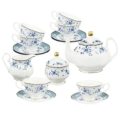 Imagen de fanquare 21 Piezas Juego de Té Porcelana con Flores Azul, Café Ceramica Inglesa para 6 Personas, Servicio Tetera, Taza y Platillo