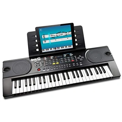 Imagen de RockJam Piano con teclado de 49 teclas fuente alimentación, atril para partituras, pegatinas notas y lecciones simples.