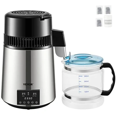 Imagen de VEVOR Destilador de Agua 4L Filtro Destilación con Recipiente Vidrio 750 W 1 L/H Ajuste Velocidad, Purificador Acero Inoxidable Temperatura Doble 7,9lbs, Plata