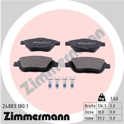 Imagen de ZIMMERMANN 24883.180.1 Juego de pastillas freno con tornillos Foto correspondiente a la entrega CITROËN: C3 II, DS3 Hatchback, Picasso