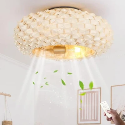 Imagen de KZT Ventilador De Techo con Iluminación silencioso Lámpara E27 Retro luces Plafone mando a distancia Bambú Natural Y Ratán Vintage Plafones Para Sala Estar Dormitorio Comedor Luz