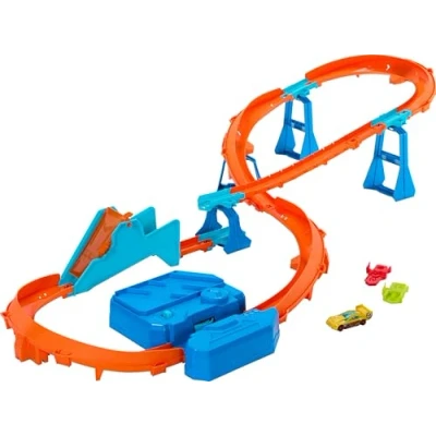 Imagen de Hot Wheels Circuito Supersalto Conjunto de pista con coche juguete, caja construcción exclusiva propulsor motorizado, vehículo a escala 1:64 y Speed Snap, JDB49