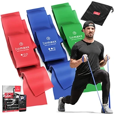 Imagen de Bandas Elásticas Set de 3 Resistencias/Cintas Extra Largas 2m + eBook Guía Ejercicios Mini Fitness Bands Kit Látex Natural Gomas Gimnasia Pilates Glúteos Boxeo