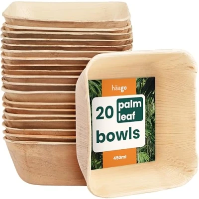 Imagen de HAAGO 20 cuencos de hoja palmera compostables y desechables (450 ml, cuadrado) Vajilla picnic exterior Resistente al congelador microondas