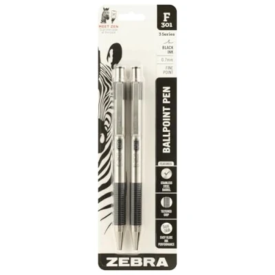 Imagen de Zebra® F 301 Bolígrafos retráctiles de acero inoxidable, punta fina, 0,7 mm, tinta negra, paquete 2