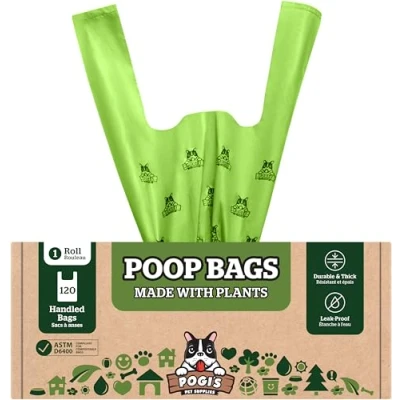 Imagen de Pogi&#039;s Compostable Poop Bags 120 bolsas para perros con asas fáciles de atar, a base plantas, residuos compostables el hogar certificación ASTM D6400, EN13432