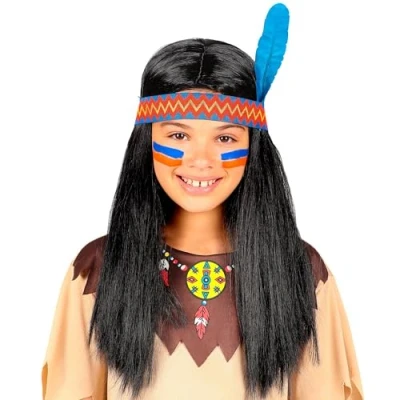 Imagen de Widmann Srl peluca INDIO con cinta para cabeza y pluma niño, Multicolor, wdm46932