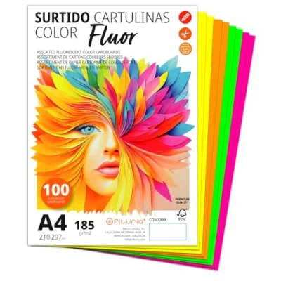 Imagen de Cartulina A4, Cartulinas de Colores, 185g/m2 para Manualidades, Educación, Hogar, Arte o Empresas, Colores A4 Surtidos Ofituria (100 Cartulinas, Surtido Fluor)